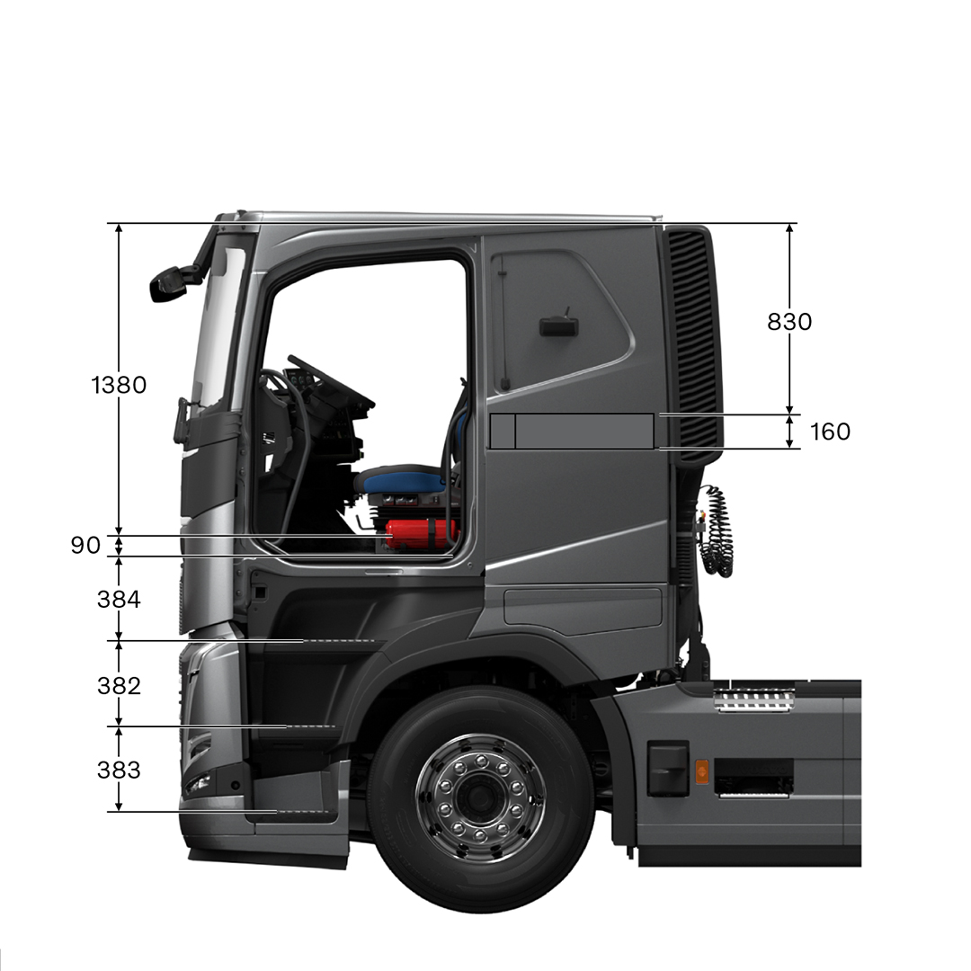 Volvo FH low sleeper cab with measurements, viewed from the side