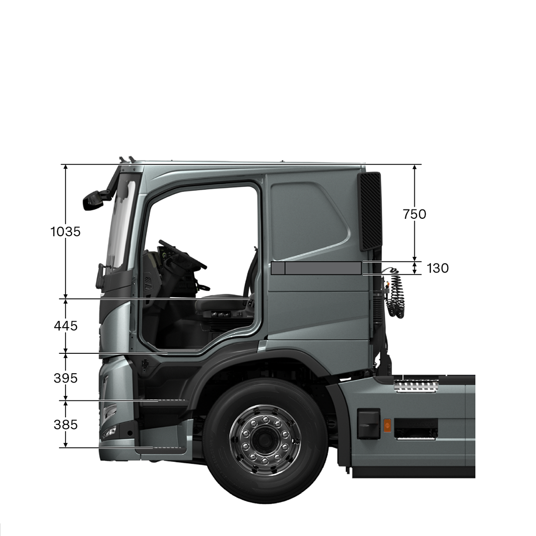 Volvo FM low sleeper cab with measurements, viewed from the side